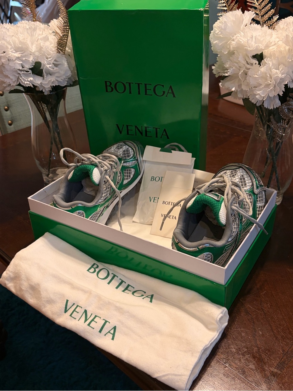 Bottega Veneta Green and Gray Women’s Mesh Sneakers with White Accents